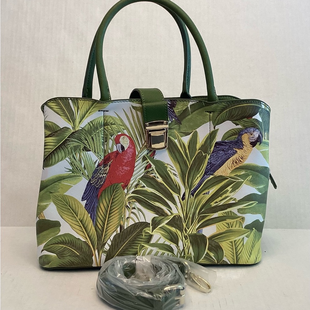 NWOT Tropical textured vinyl handbag with removable crossbody strap.